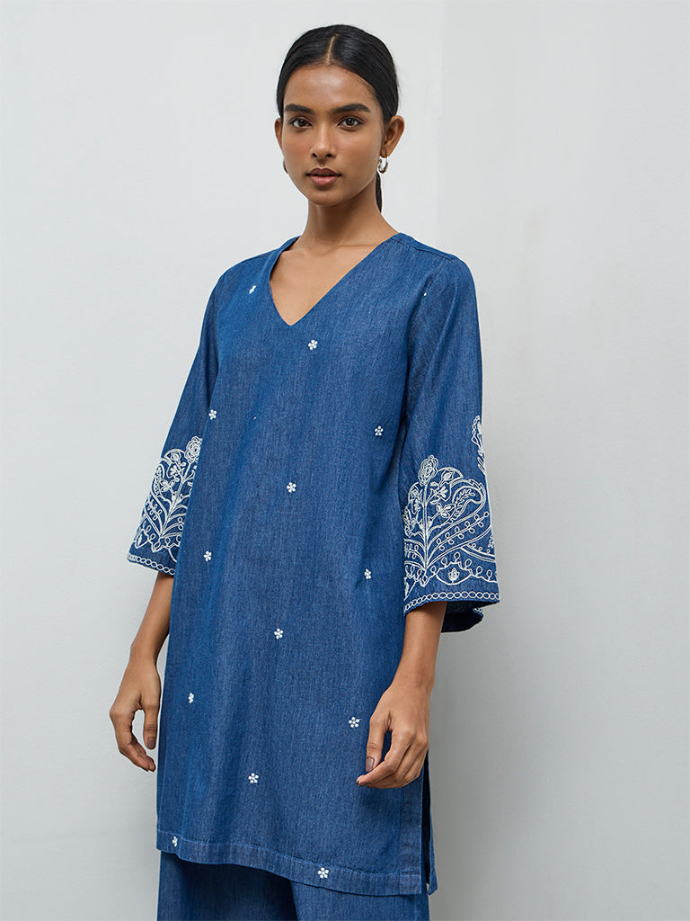 Utsa Indigo Floral Embroidered Denim A-Line Kurta