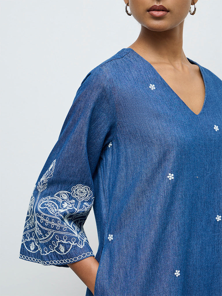 Utsa Indigo Floral Embroidered Denim A-Line Kurta