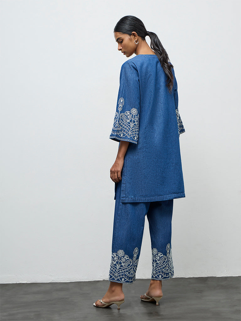 Utsa Indigo Floral Embroidered Denim A-Line Kurta