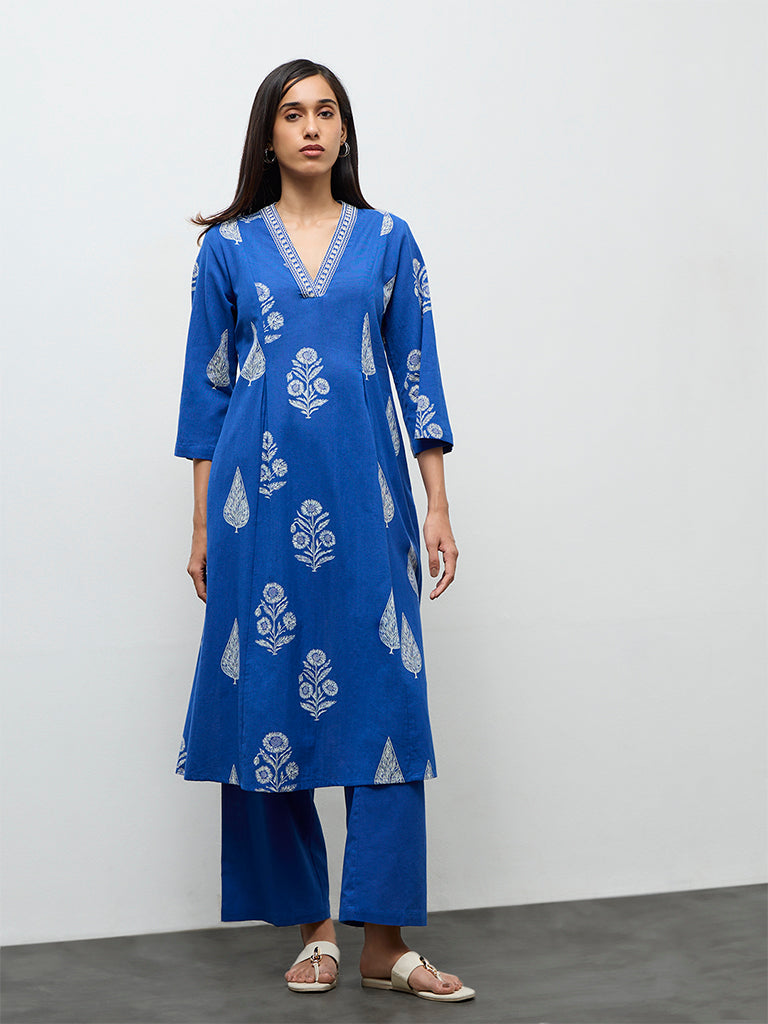 Utsa Indigo Floral Printed A-Line Cotton-Blend Kurta