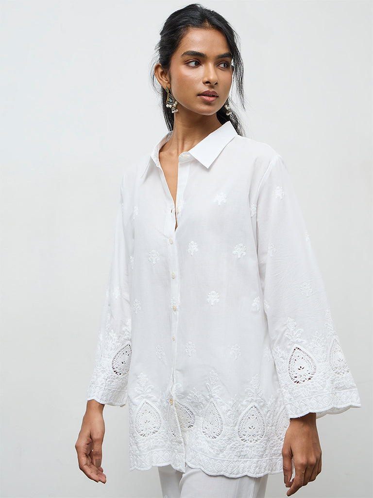 Utsa White Embroidered Cotton Schiffli Shirt