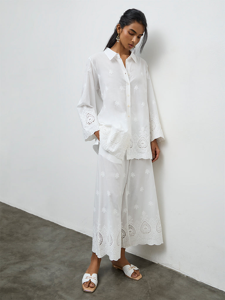 Utsa White Embroidered Cotton Schiffli Shirt