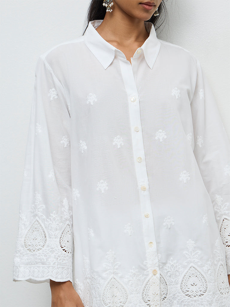 Utsa White Embroidered Cotton Schiffli Shirt