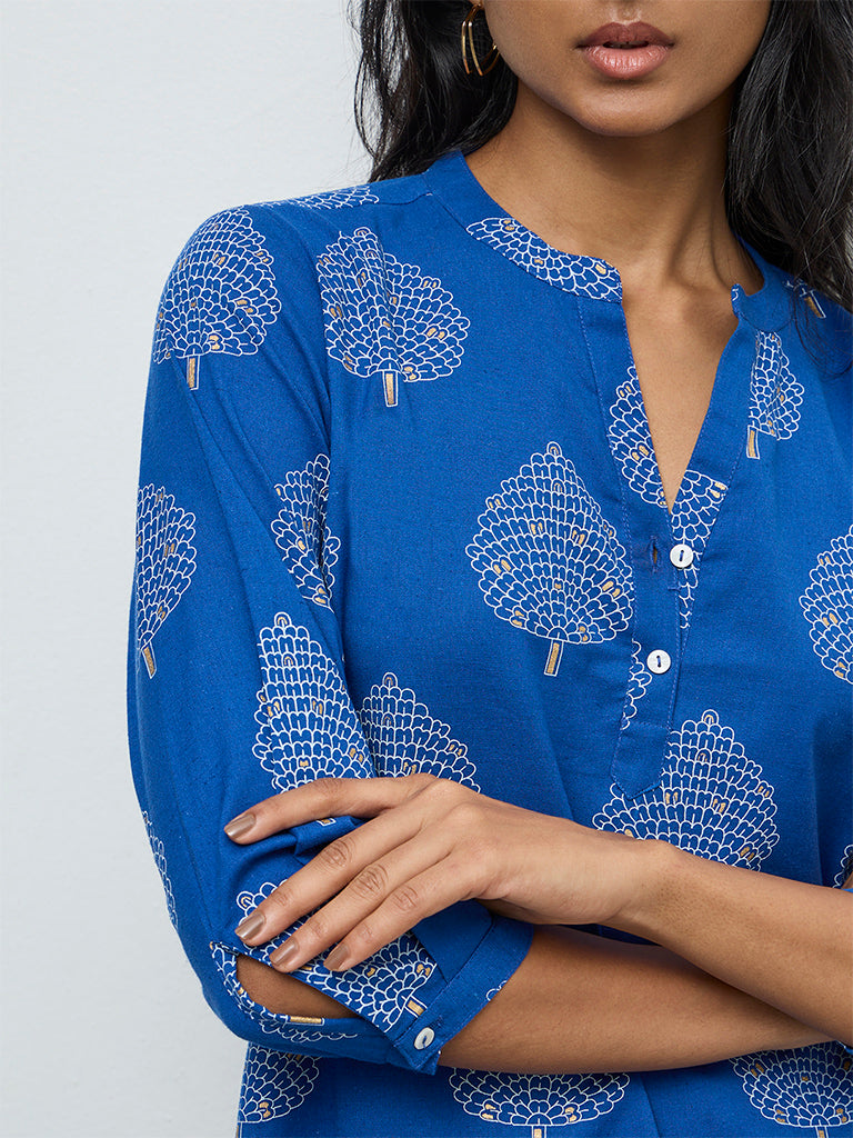Utsa Indigo Leaf Pattern Cotton-Blend Tunic