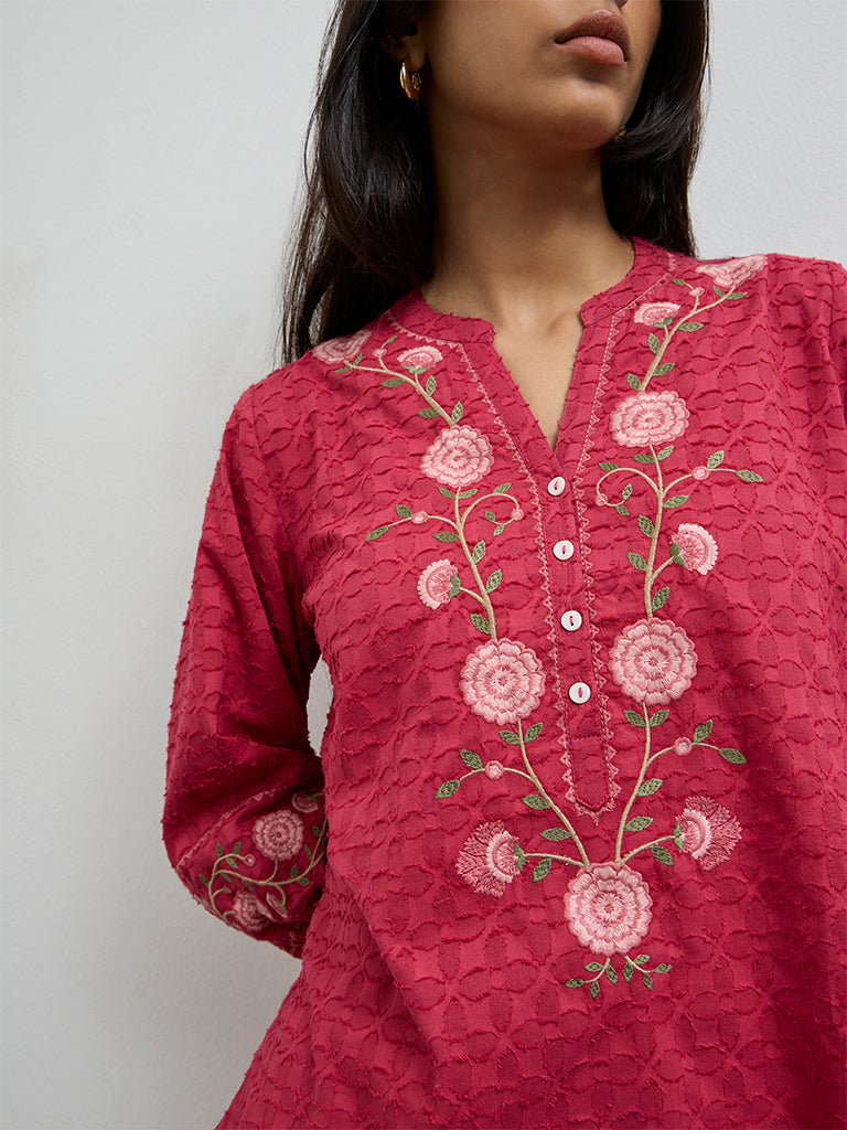 Utsa Pink Floral Embroidered Cotton Tunic
