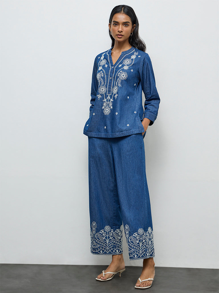 Utsa Blue Floral Embroidered Denim Tunic
