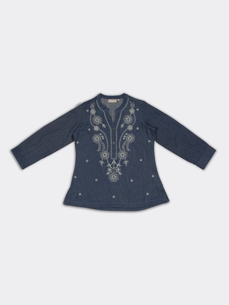 Utsa Blue Floral Embroidered Denim Tunic