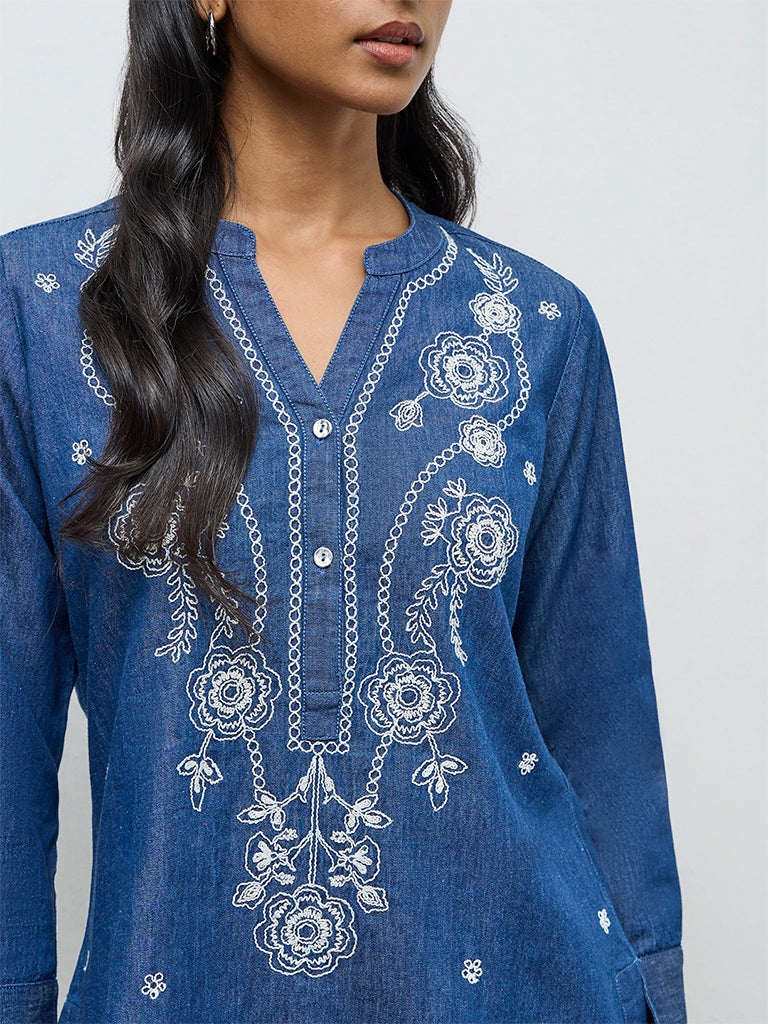 Utsa Blue Floral Embroidered Denim Tunic
