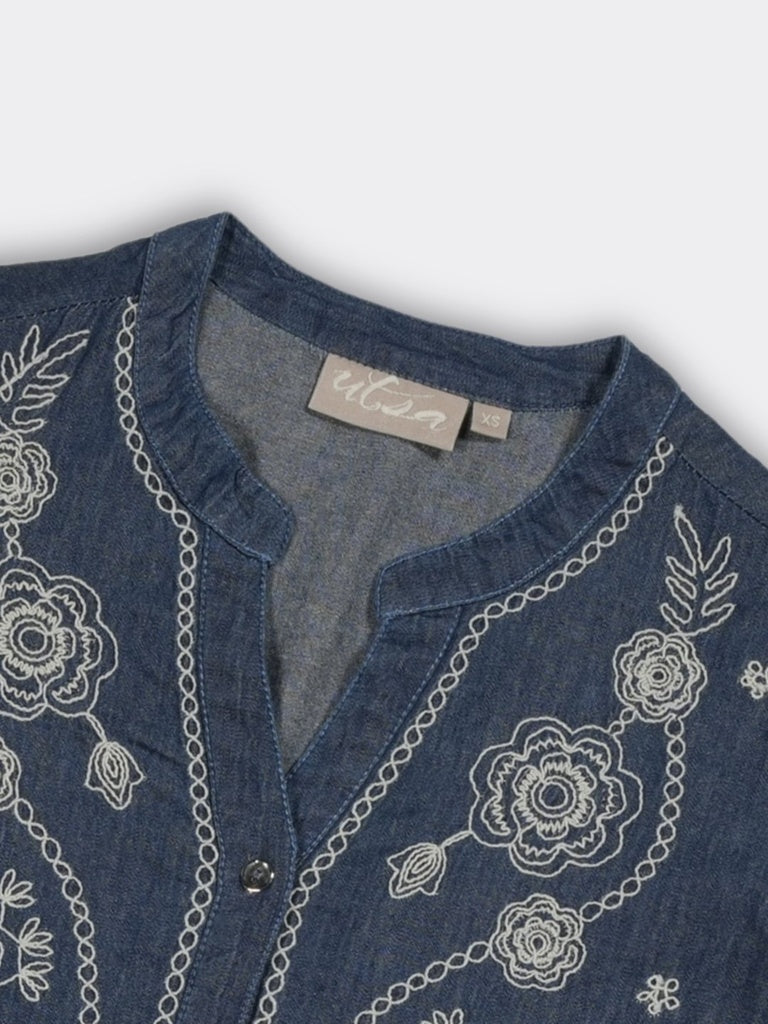 Utsa Blue Floral Embroidered Denim Tunic