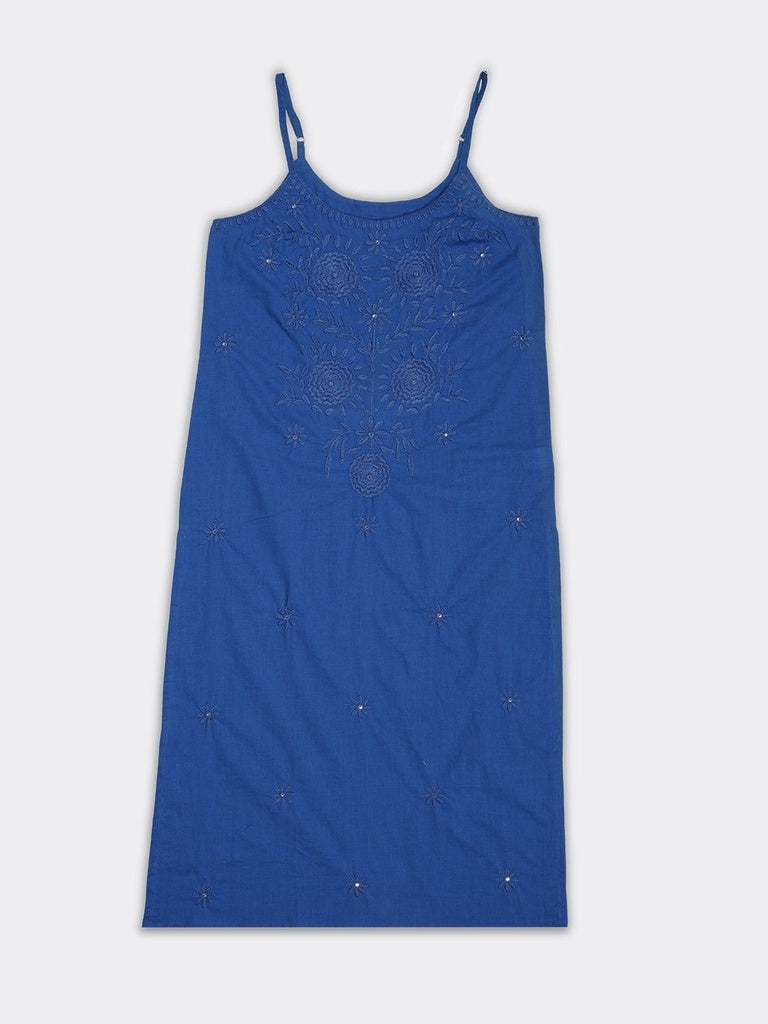 Utsa Blue Floral Embroidered Cotton A-Line Strappy Kurta