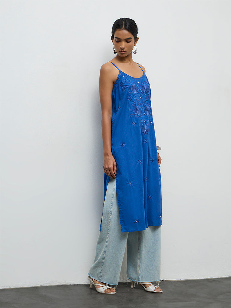 Utsa Blue Floral Embroidered Cotton A-Line Strappy Kurta