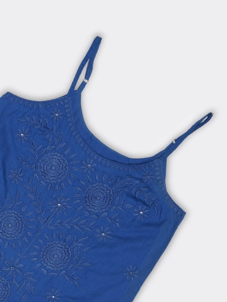 Utsa Blue Floral Embroidered Cotton A-Line Strappy Kurta