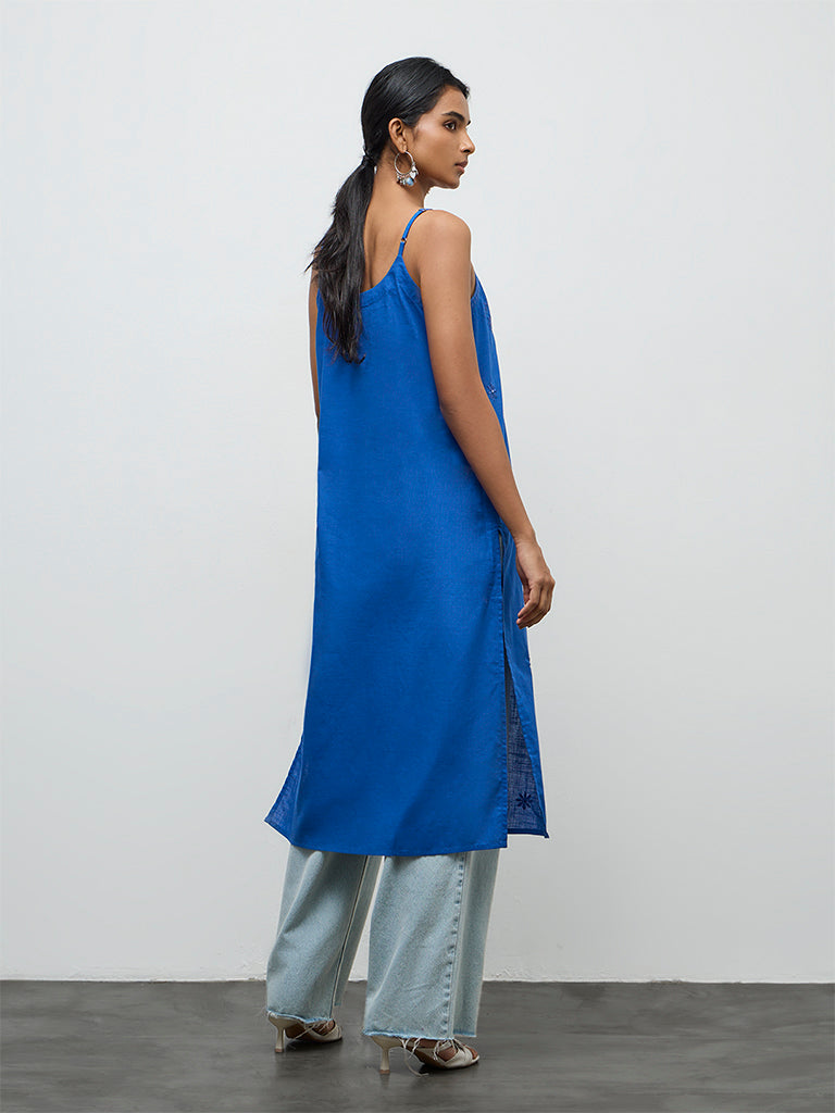 Utsa Blue Floral Embroidered Cotton A-Line Strappy Kurta