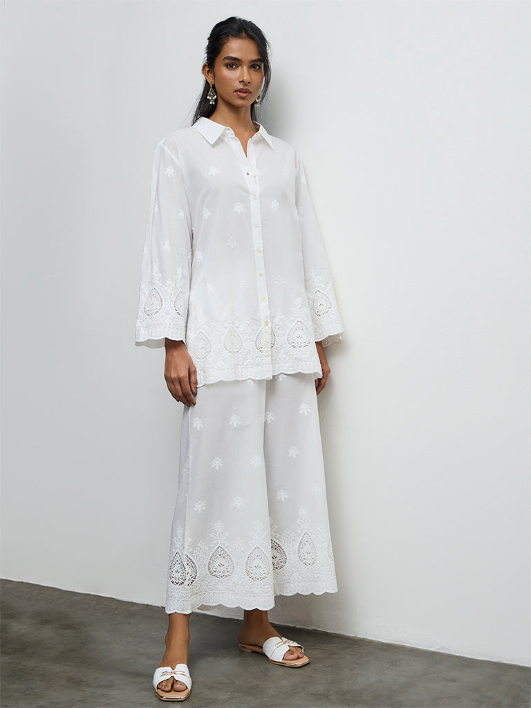 Utsa White Embroidered Cotton Schiffli Palazzos