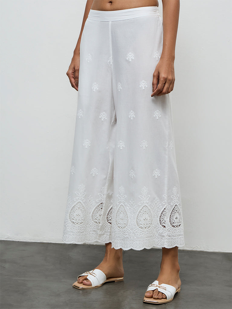 Utsa White Embroidered Cotton Schiffli Palazzos