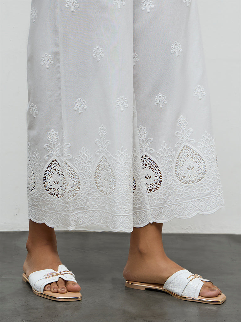 Utsa White Embroidered Cotton Schiffli Palazzos