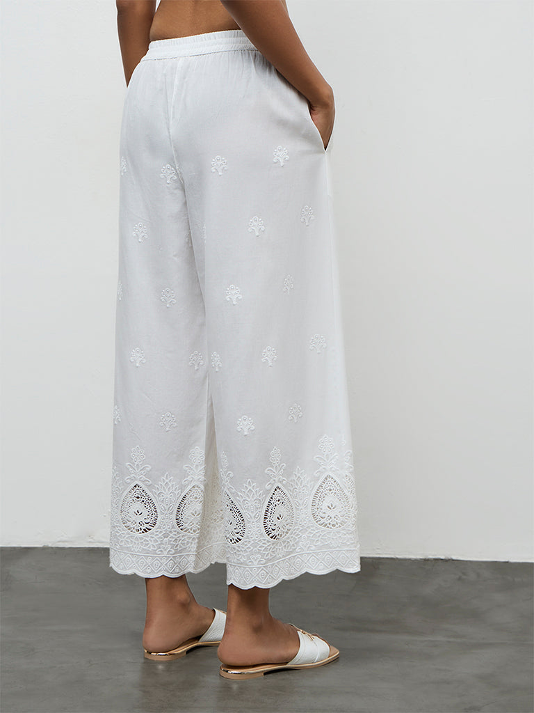 Utsa White Embroidered Cotton Schiffli Palazzos