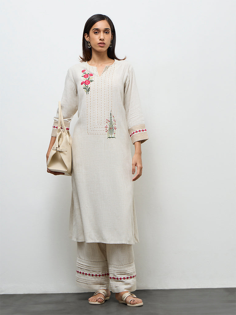 Utsa Beige Embroidered Pants