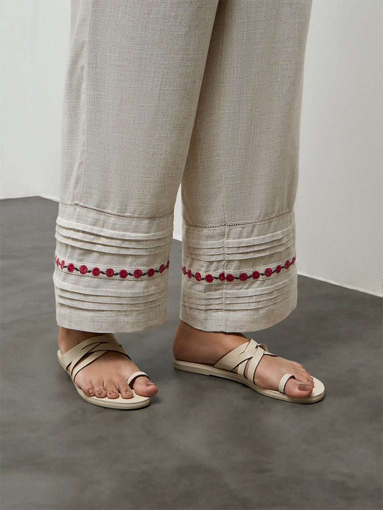 Utsa Beige Embroidered Pants