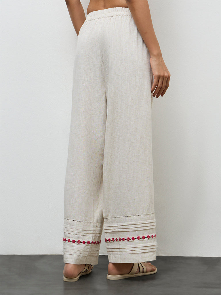 Utsa Beige Embroidered Pants