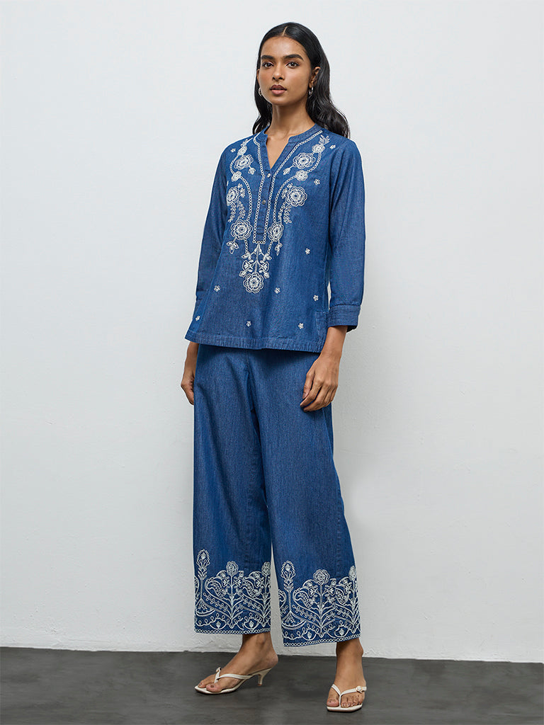 Utsa Indigo Floral Embroidered Cotton Pants