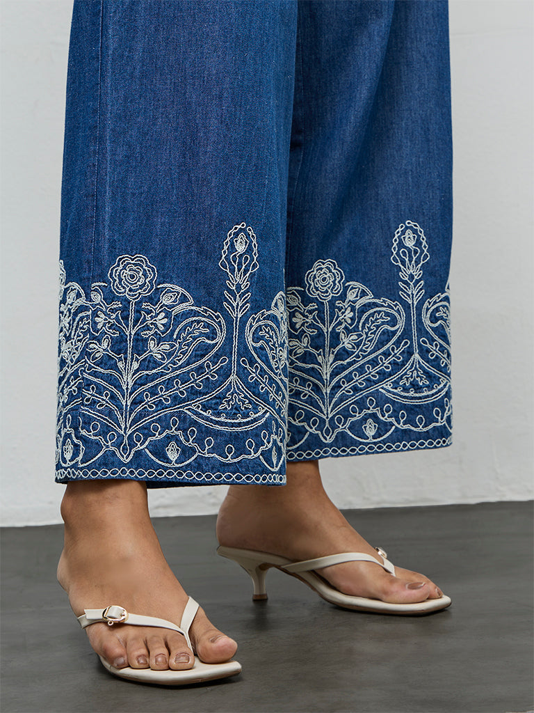Utsa Indigo Floral Embroidered Cotton Pants
