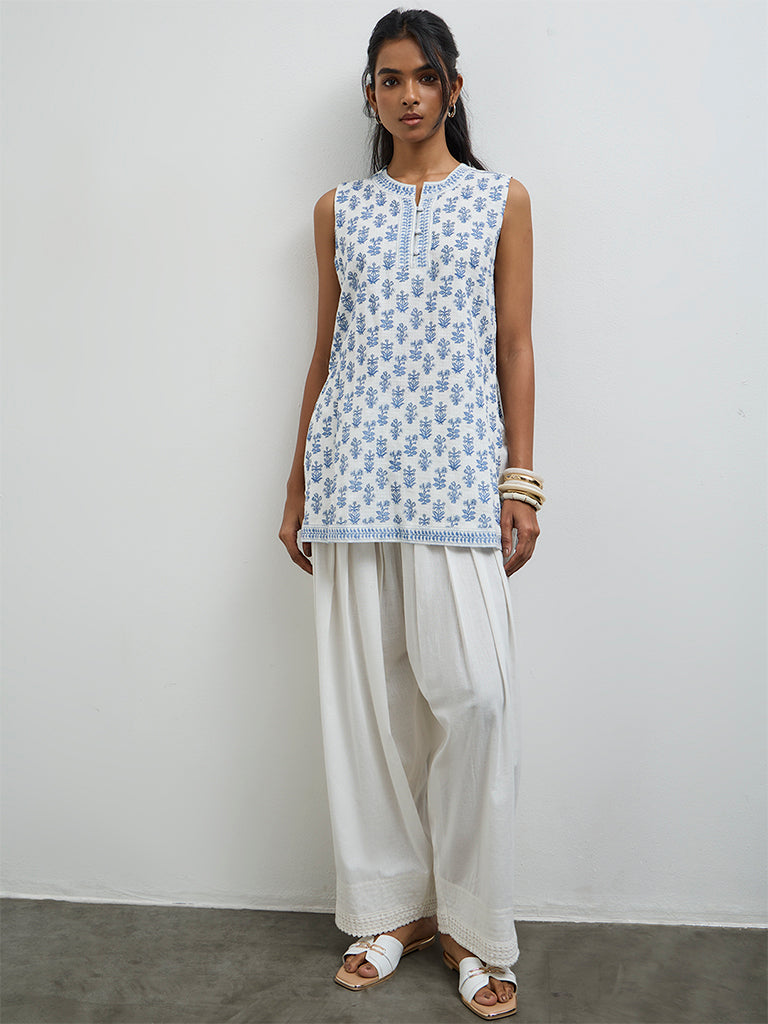 Utsa White Embroidered Cotton-Blend Farshi Pants