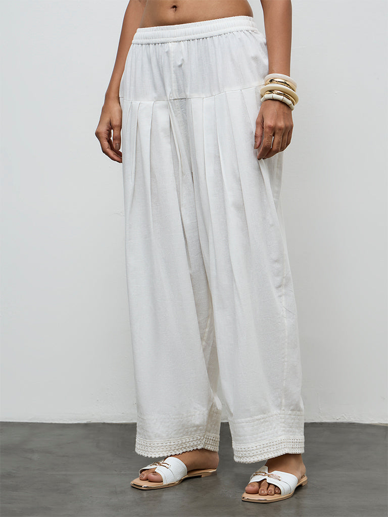Utsa White Embroidered Cotton-Blend Farshi Pants