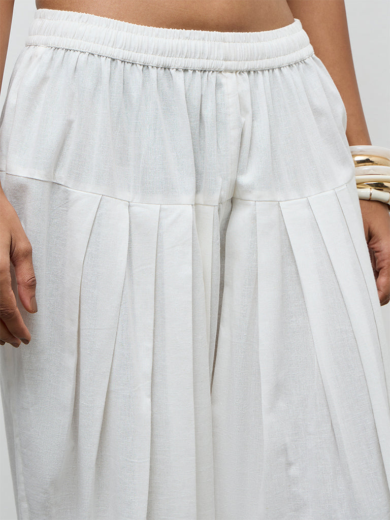 Utsa White Embroidered Cotton-Blend Farshi Pants