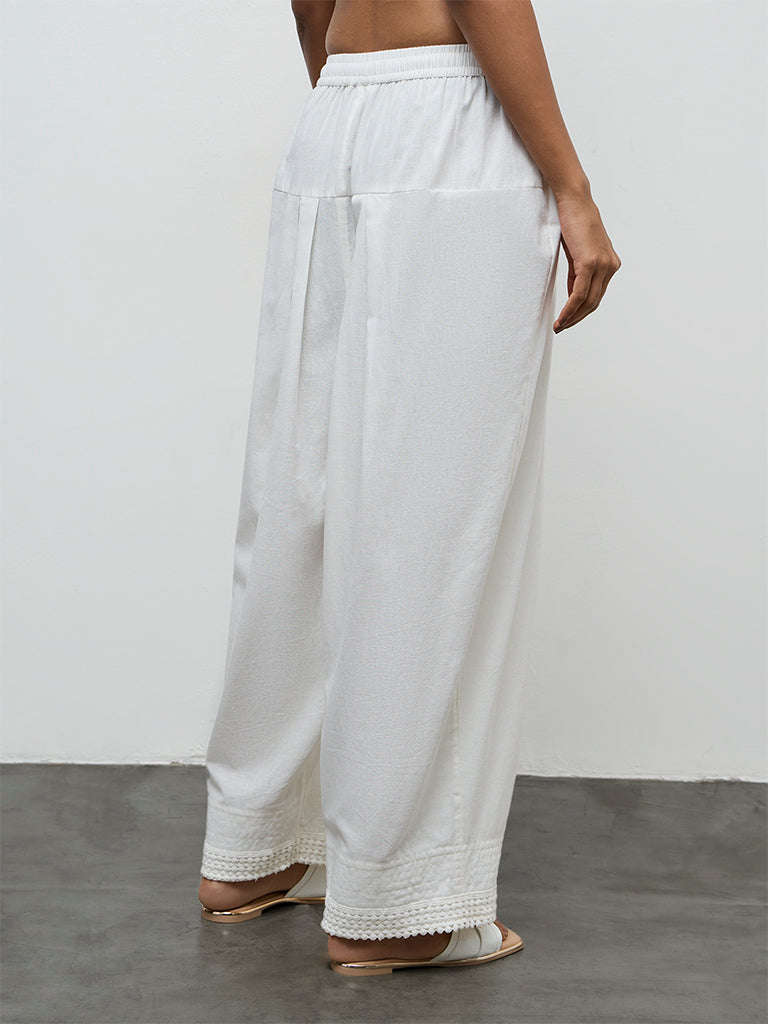 Utsa White Embroidered Cotton-Blend Farshi Pants