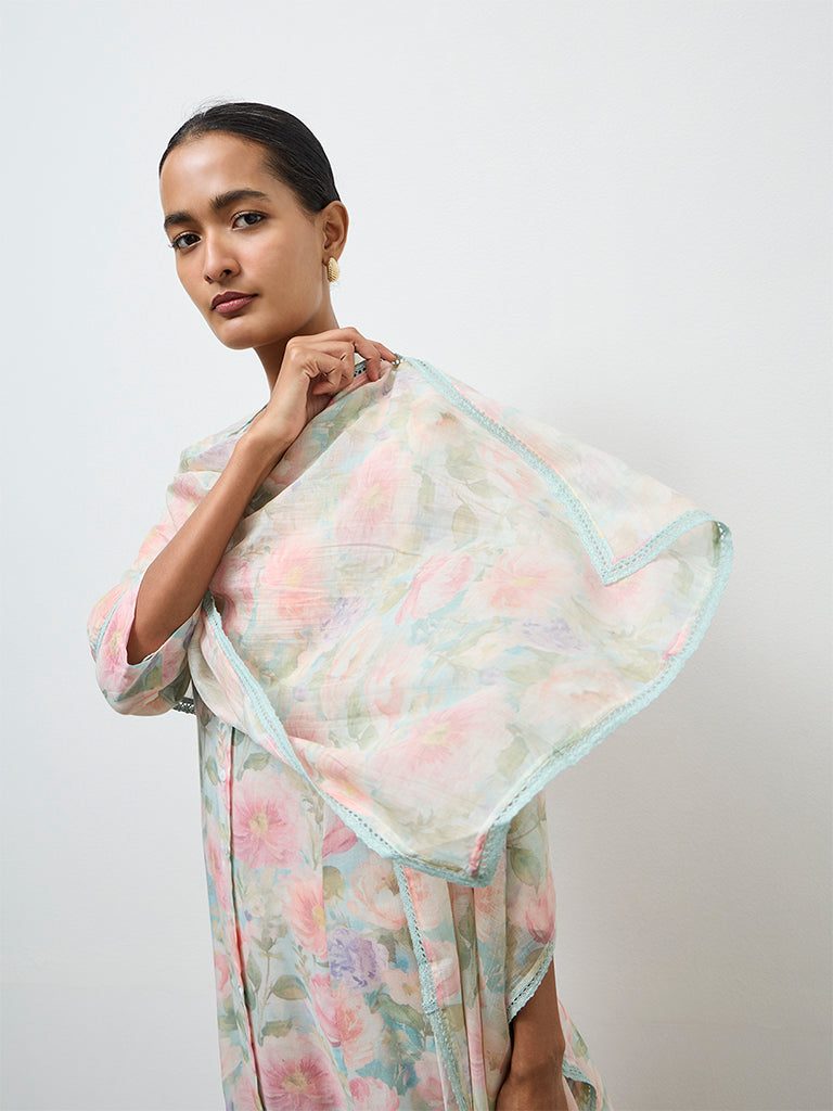 Zuba Aqua Floral Printed Cotton Dupatta