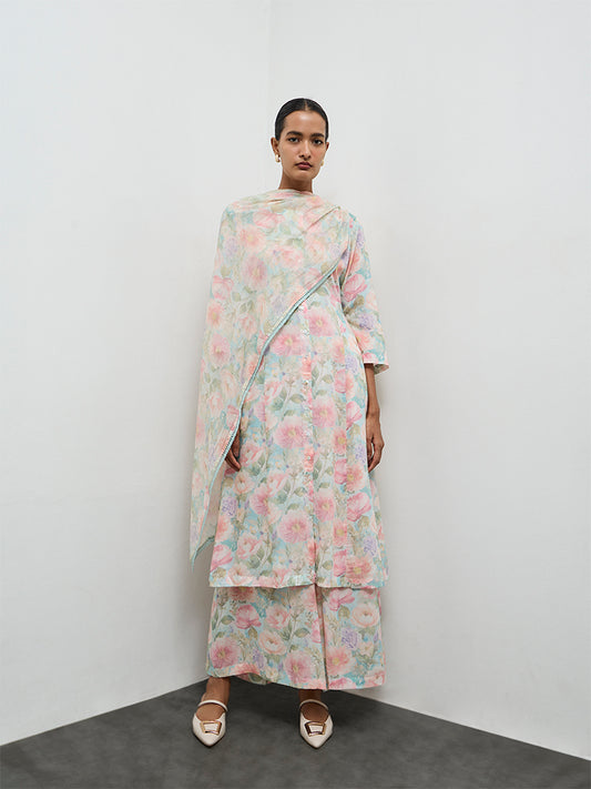 Zuba Aqua Floral Printed Cotton Dupatta
