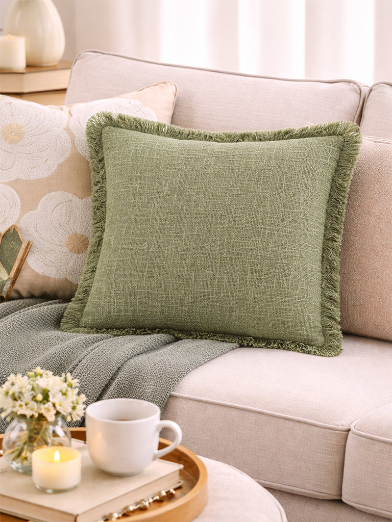 Westside Home Green Textured Fringe-Detail Cushion Cover