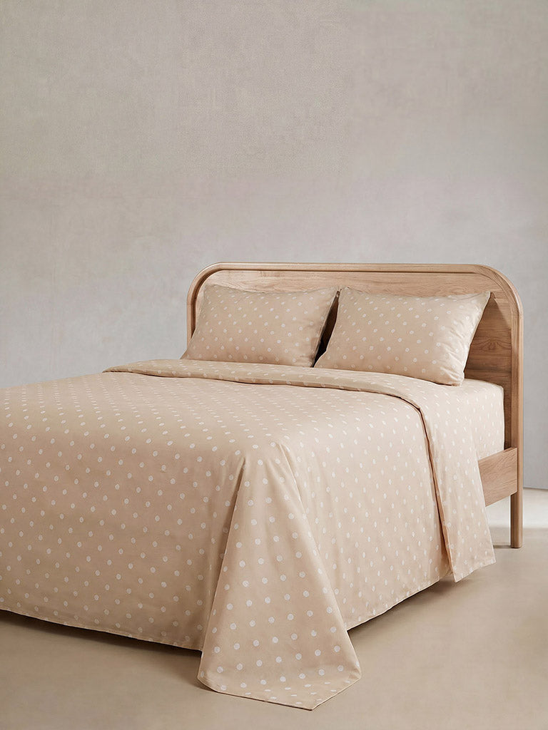 Westside Home Light Taupe Polka Dot Printed Fitted Queen Bed Sheet Set