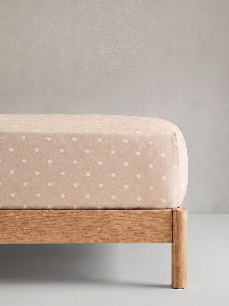 Westside Home Light Taupe Polka Dot Printed Fitted Queen Bed Sheet Set