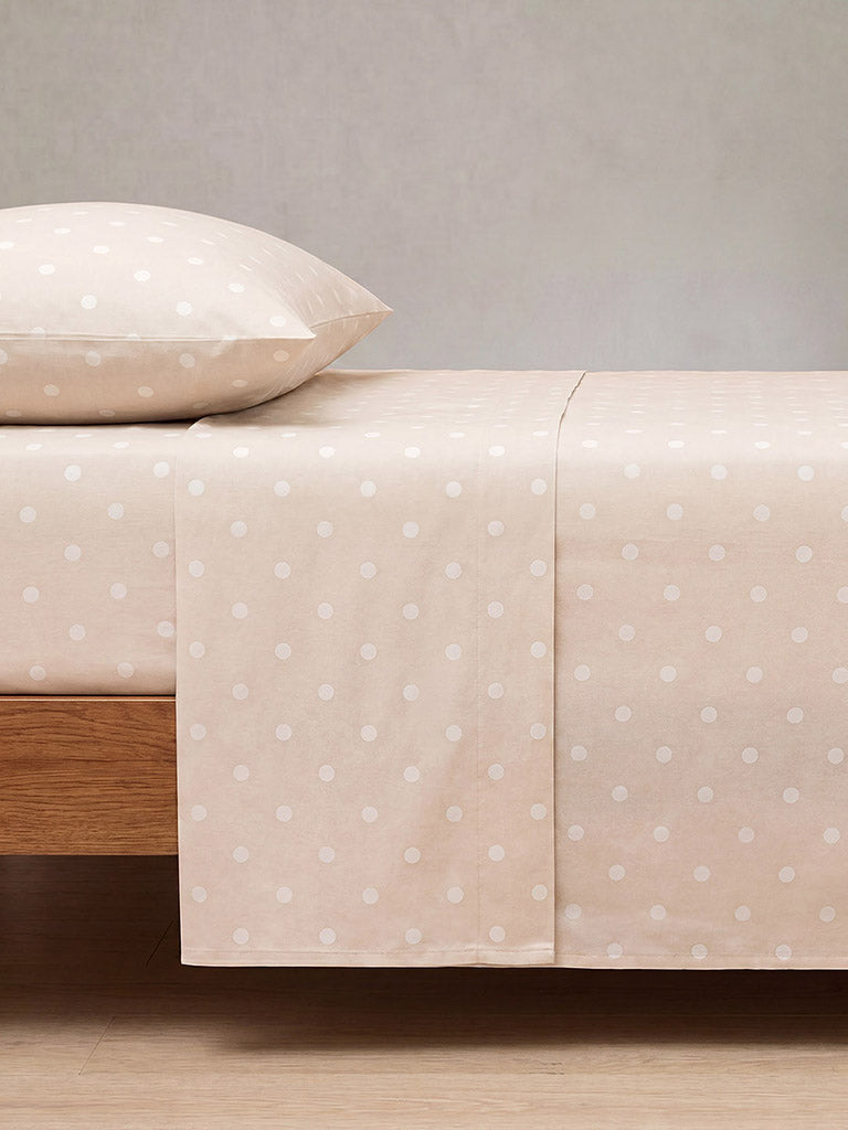 Westside Home Light Taupe Polka Dot Printed Fitted Queen Bed Sheet Set