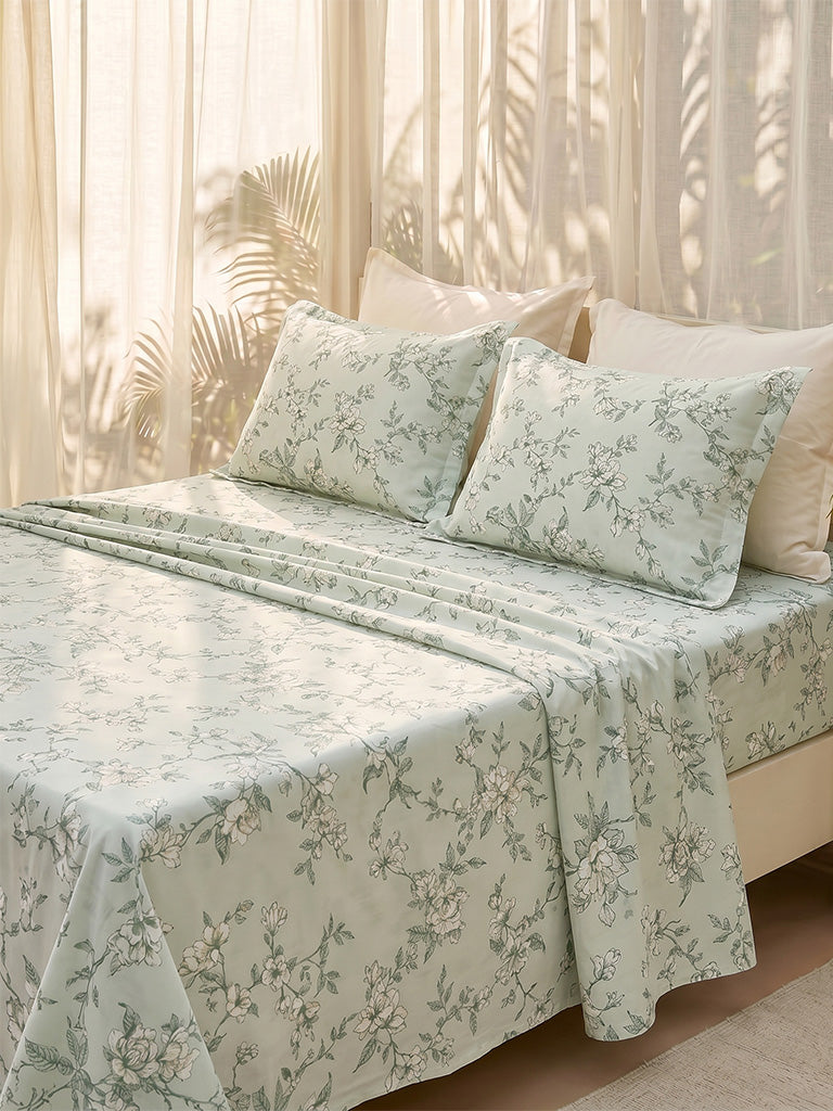 Westside Home Green Floral Printed Queen Bed Sheet Set