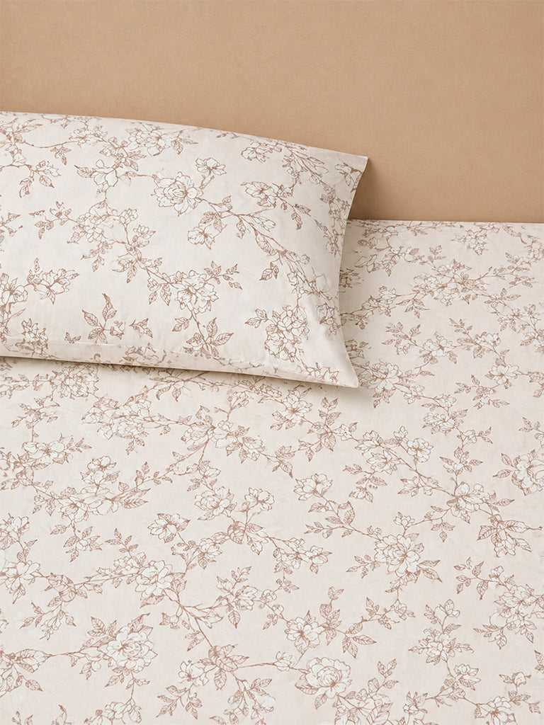 Westside Home Light Beige Floral Printed Cotton Queen Bedsheet Set