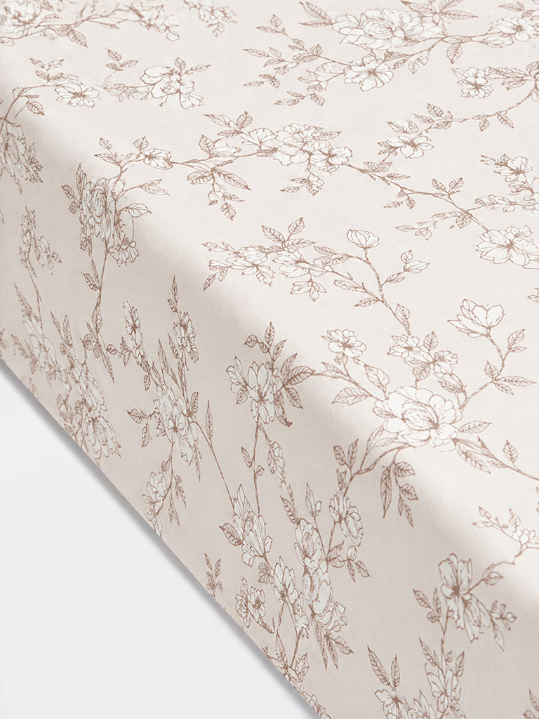 Westside Home Light Beige Floral Printed Cotton Queen Bedsheet Set
