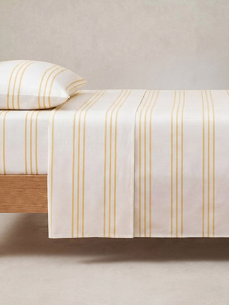 Westside Home Yellow Stripe Printed Fitted Queen Bed Sheet Set