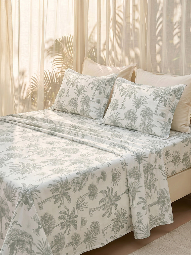 Westside Home Green Palm Tree Printed Queen Bed Sheet Set