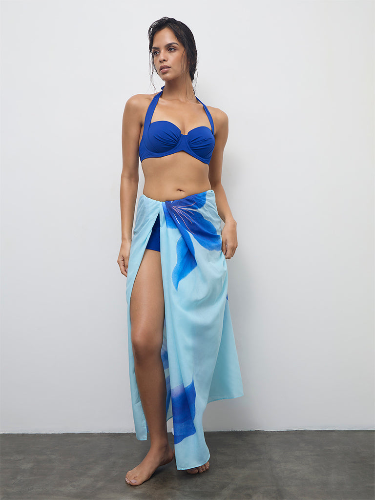 Wunderlove Swimwear Blue Floral Printed Sarong In A Bag