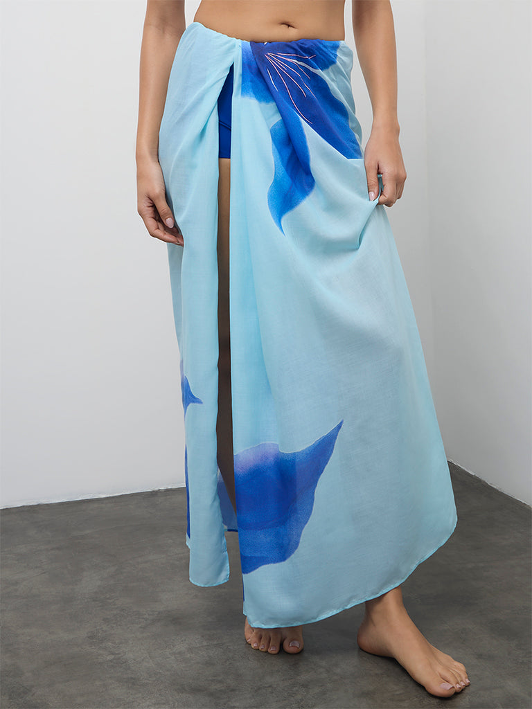 Wunderlove Swimwear Blue Floral Printed Sarong In A Bag