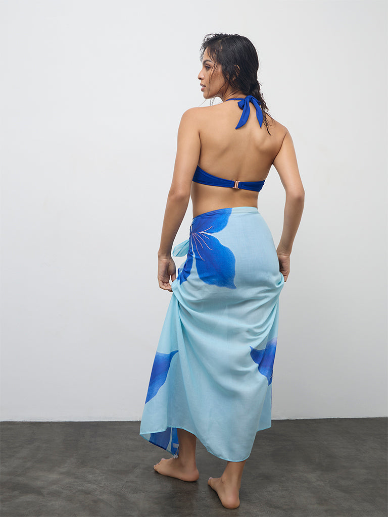 Wunderlove Swimwear Blue Floral Printed Sarong In A Bag