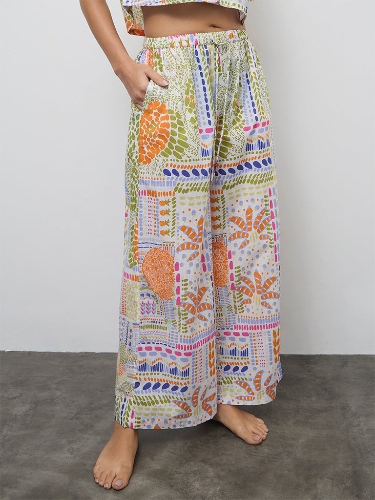 Wunderlove Multicolor Printed High-Rise Cotton Beach Pants