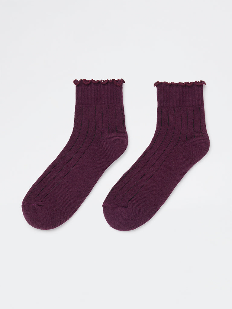 Wunderlove Plum Ribbed Cotton-Blend Socks
