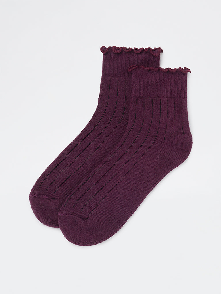 Wunderlove Plum Ribbed Cotton-Blend Socks