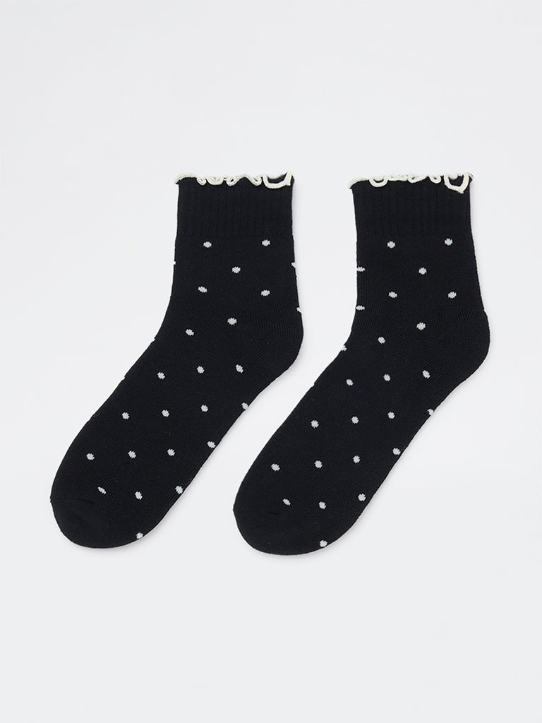 Wunderlove Black Polka-Dot Cotton-Blend Socks