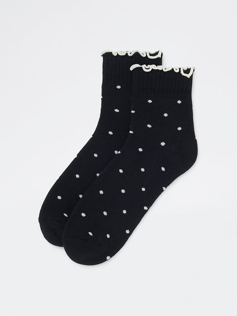 Wunderlove Black Polka-Dot Cotton-Blend Socks