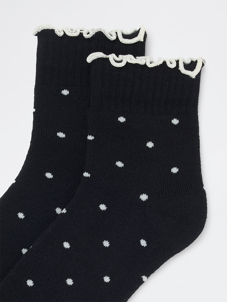 Wunderlove Black Polka-Dot Cotton-Blend Socks